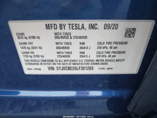5YJXCBE26LF301289 Tesla Model X Long Range Dual Motor All-wheel Drive/long Range Plus Dual Motor All-wheel Drive