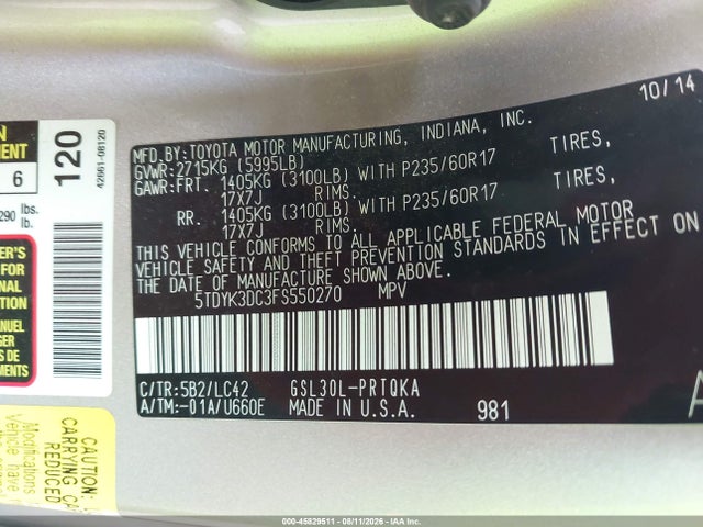 5TDYK3DC3FS550270 Toyota Sienna Xle 8 Passenger