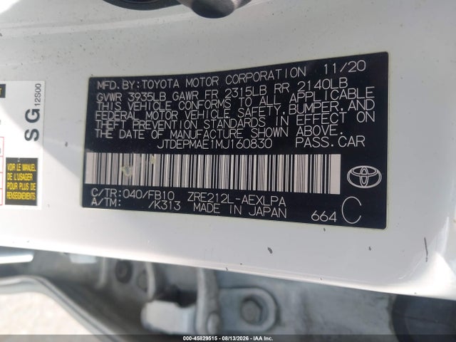2021 Toyota Corolla Le მანქანა იყიდება აუქციონზე, vin: JTDEPMAE1MJ160830, აუქციონის ნომერი: 45829515
