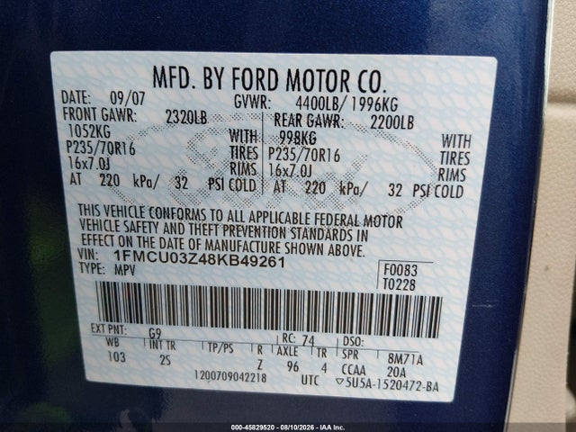 Продажа на аукционе авто 2008 Ford Escape Xlt, vin: 1FMCU03Z48KB49261, номер лота: 45829520