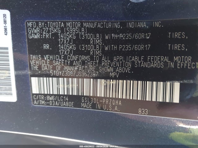 2018 Toyota Sienna Xle 8 Passenger მანქანა იყიდება აუქციონზე, vin: 5TDYZ3DC7JS962387, აუქციონის ნომერი: 45829522