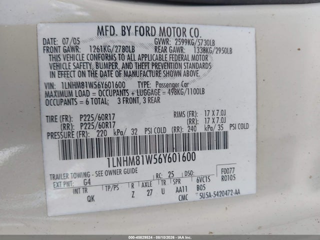 Auction sale of the 2006 Lincoln Town Car Signature, vin: 1LNHM81W56Y601600, lot number: 45829524