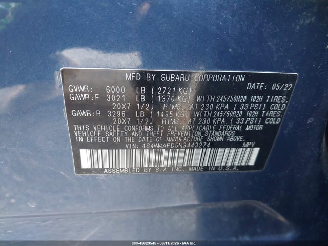 4S4WMAPD5N3443274 Subaru Ascent Limited