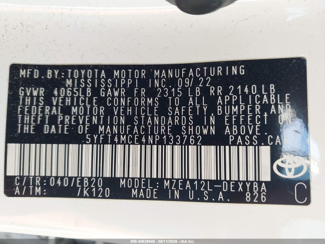 45829548 :رقم المزاد ، 5YFT4MCE4NP133762 vin ، 2022 Toyota Corolla Xse مزاد بيع