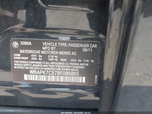 45829552 :رقم المزاد ، WBAPK7C57BF086865 vin ، 2011 Bmw 328i Xdrive مزاد بيع