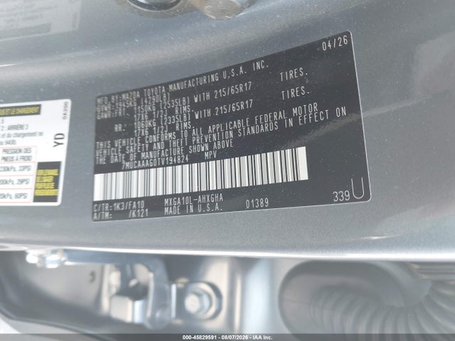 45829591 :رقم المزاد ، 7MUCAAAG0TV194824 vin ، 2026 Toyota Corolla Cross Le مزاد بيع