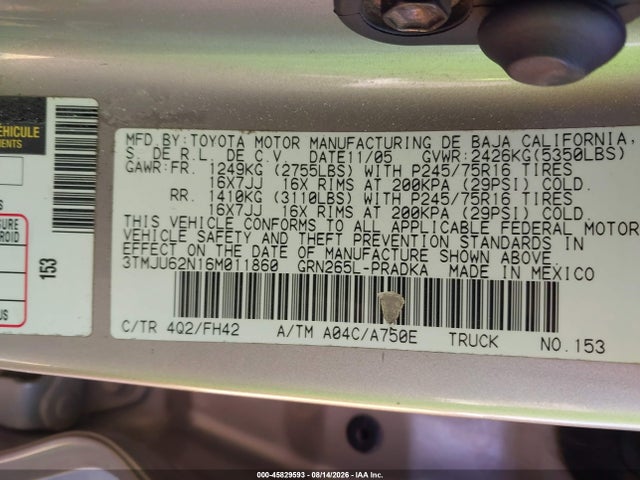 45829593 :رقم المزاد ، 3TMJU62N16M011860 vin ، 2006 Toyota Tacoma Prerunner V6 مزاد بيع