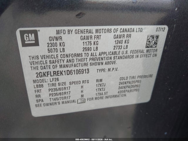 2013 Gmc Terrain Sle-1 მანქანა იყიდება აუქციონზე, vin: 2GKFLREK1D6106913, აუქციონის ნომერი: 45829602