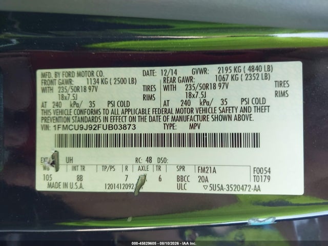 45829605 :رقم المزاد ، 1FMCU9J92FUB03873 vin ، 2015 Ford Escape Titanium مزاد بيع