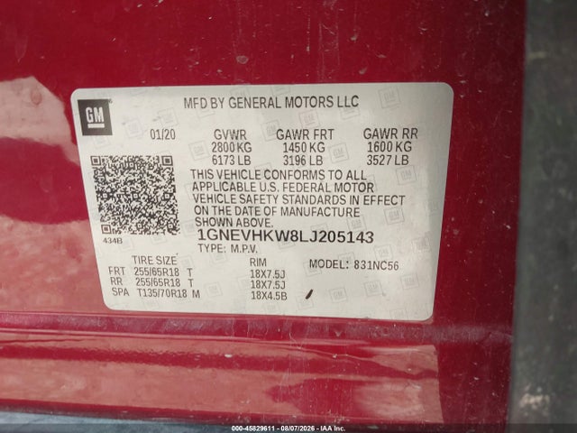 1GNEVHKW8LJ205143 Chevrolet Traverse Awd Lt Leather