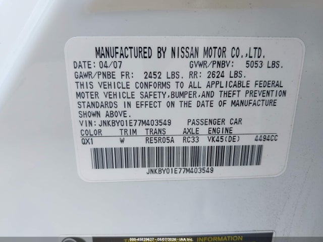 2007 Infiniti M45 Sport მანქანა იყიდება აუქციონზე, vin: JNKBY01E77M403549, აუქციონის ნომერი: 45829627