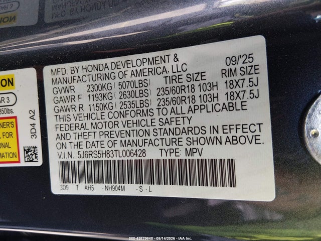 Продаж на аукціоні авто 2026 Honda Cr-v Hybrid 2wd Sport-l, vin: 5J6RS5H83TL006428, номер лоту: 45829640