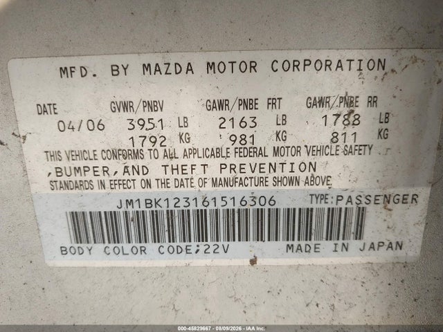 Продажа на аукционе авто 2006 Mazda Mazda3 S, vin: JM1BK123161516306, номер лота: 45829667