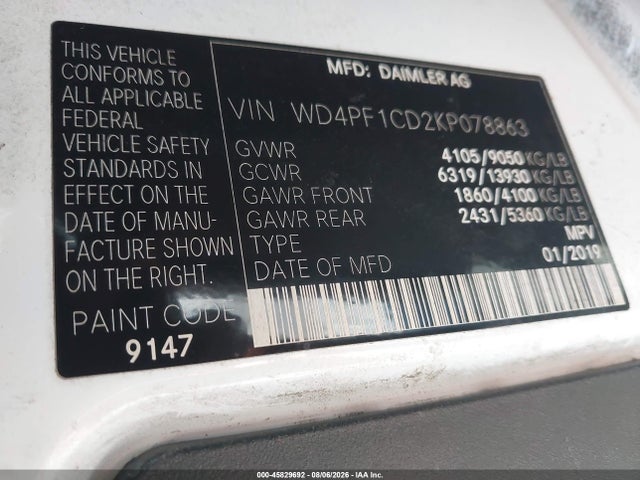 45829692 :رقم المزاد ، WD4PF1CD2KP078863 vin ، 2019 Mercedes-benz Sprinter 2500 High Roof V6 مزاد بيع