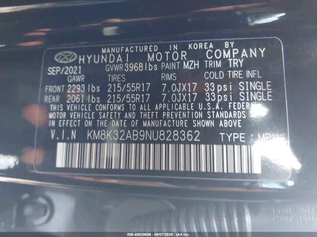 45829696 :رقم المزاد ، KM8K32AB9NU828362 vin ، 2022 Hyundai Kona Sel مزاد بيع
