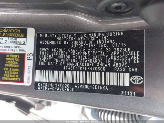 Продажа на аукционе авто 2015 Toyota Camry Le, vin: 4T4BF1FK4FR470606, номер лота: 45829698