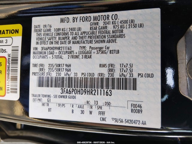 3FA6P0HD9HR211163 Ford FUSION SE