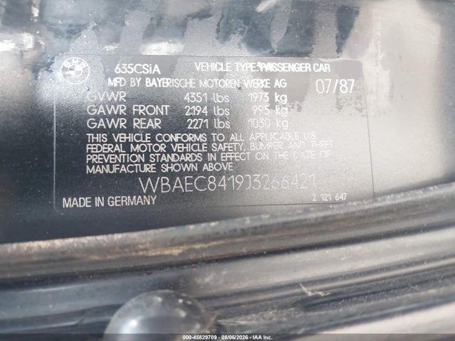 45829709 :رقم المزاد ، WBAEC8419J3266421 vin ، 1988 Bmw 635 Csi Automatic مزاد بيع