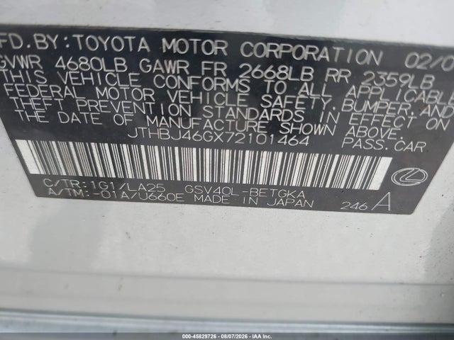 2007 Lexus Es 350 მანქანა იყიდება აუქციონზე, vin: JTHBJ46GX72101464, აუქციონის ნომერი: 45829726