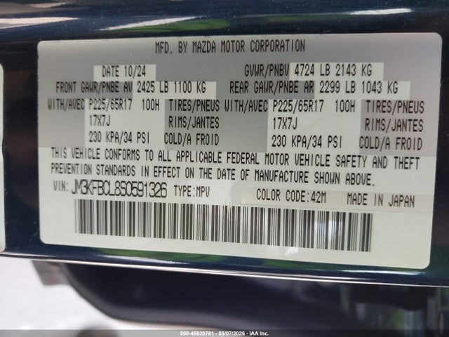 Aukcja sprzedaży 2025 Mazda Cx-5 2.5 S Preferred, vin: JM3KFBCL8S0591326, numer aukcji: 45829761