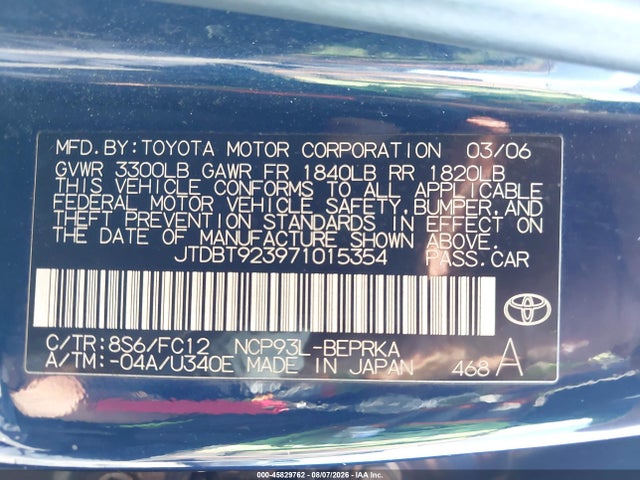 2007 Toyota Yaris მანქანა იყიდება აუქციონზე, vin: JTDBT923971015354, აუქციონის ნომერი: 45829762