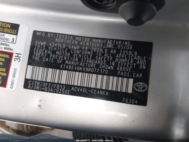 2009 Toyota Camry Le მანქანა იყიდება აუქციონზე, vin: 4T4BE46KX9R077170, აუქციონის ნომერი: 45829771