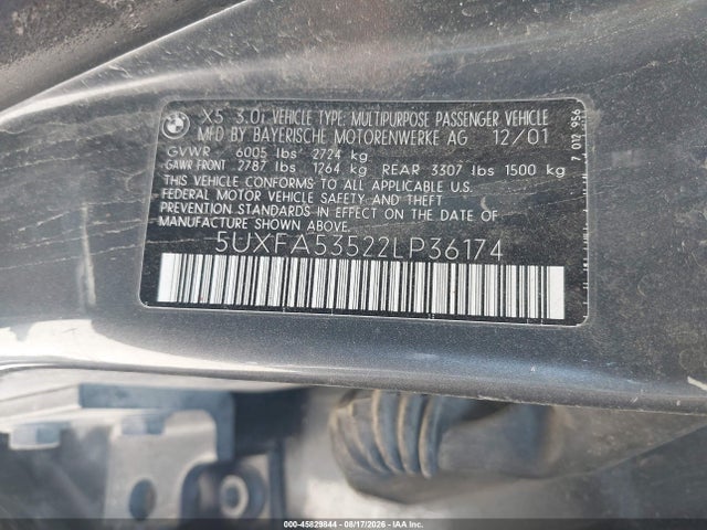 Aukcja sprzedaży 2002 Bmw X5 3.0i, vin: 5UXFA53522LP36174, numer aukcji: 45829844