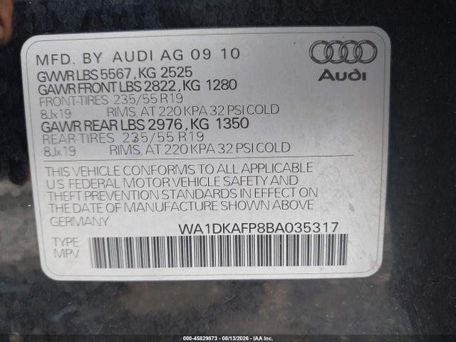 Aukcja sprzedaży 2011 Audi Q5 3.2 Premium Plus, vin: WA1DKAFP8BA035317, numer aukcji: 45829873