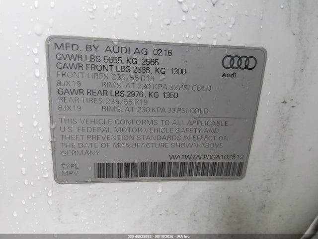 45829882 :رقم المزاد ، WA1W7AFP3GA102519 vin ، 2016 Audi Q5 3.0t Premium Plus مزاد بيع