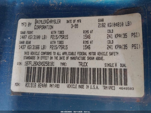 45829893 :رقم المزاد ، 1B7FL26X2Xs258181 vin ، 1999 Dodge Dakota Slt/sport مزاد بيع