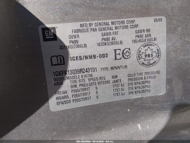 45829896 :رقم المزاد ، 1GKFK13039R243191 vin ، 2009 Gmc Yukon Commercial مزاد بيع