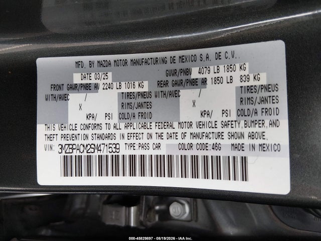 Aukcja sprzedaży 2025 Mazda Mazda3 2.5 S Preferred, vin: 3MZBPACM2SM471539, numer aukcji: 45829897