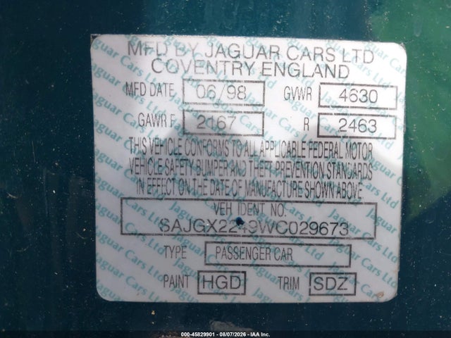 45829901 :رقم المزاد ، SAJGX2249WC029673 vin ، 1998 Jaguar Xk8 مزاد بيع