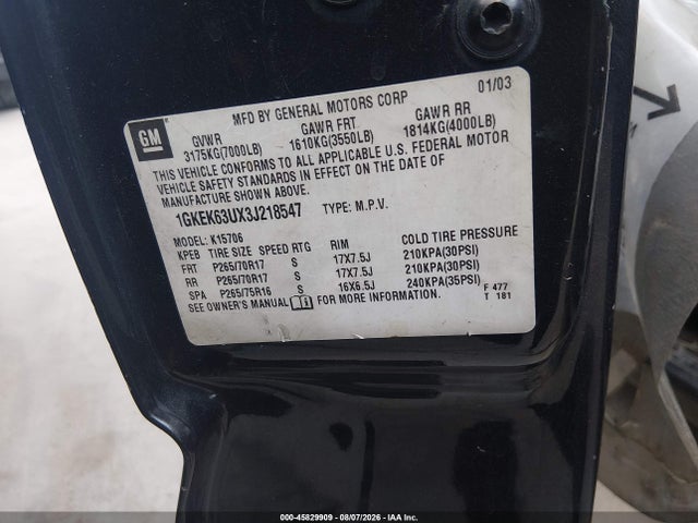 45829909 :رقم المزاد ، 1GKEK63UX3J218547 vin ، 2003 Gmc Yukon Denali مزاد بيع