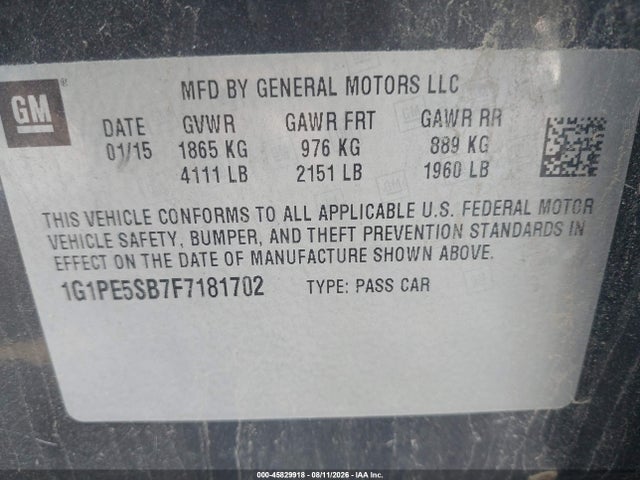 45829918 :رقم المزاد ، 1G1PE5SB7F7181702 vin ، 2015 Chevrolet Cruze 2lt Auto مزاد بيع