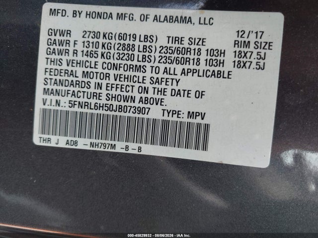 Продажа на аукционе авто 2018 Honda Odyssey Ex, vin: 5FNRL6H50JB073907, номер лота: 45829932