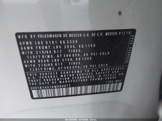 Aukcja sprzedaży 2019 Volkswagen Tiguan 2.0t S, vin: 3VV1B7AX1KM080977, numer aukcji: 45829986