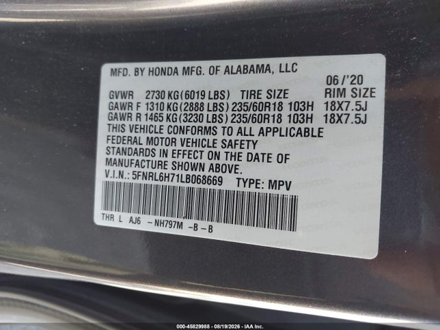 Продаж на аукціоні авто 2020 Honda Odyssey Ex-l/ex-l W/navi   Res, vin: 5FNRL6H71LB068669, номер лоту: 45829988