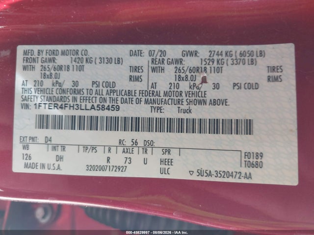 Продажа на аукционе авто 2020 Ford Ranger Lariat, vin: 1FTER4FH3LLA58459, номер лота: 45829997