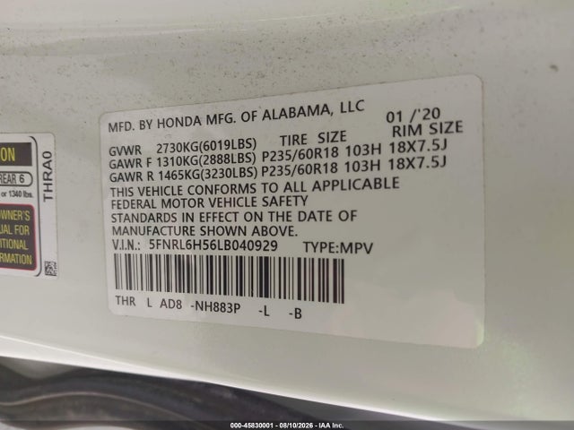 Продаж на аукціоні авто 2020 Honda Odyssey Ex, vin: 5FNRL6H56LB040929, номер лоту: 45830001