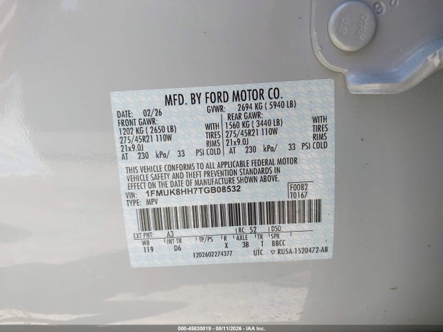 Aukcja sprzedaży 2026 Ford Explorer Platinum, vin: 1FMUK8HH7TGB08532, numer aukcji: 45830019