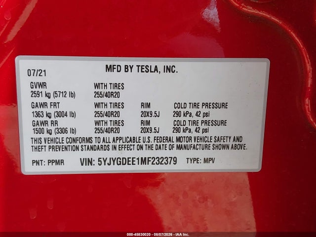 Aukcja sprzedaży 2021 Tesla Model Y Long Range Dual Motor All-wheel Drive, vin: 5YJYGDEE1MF232379, numer aukcji: 45830020