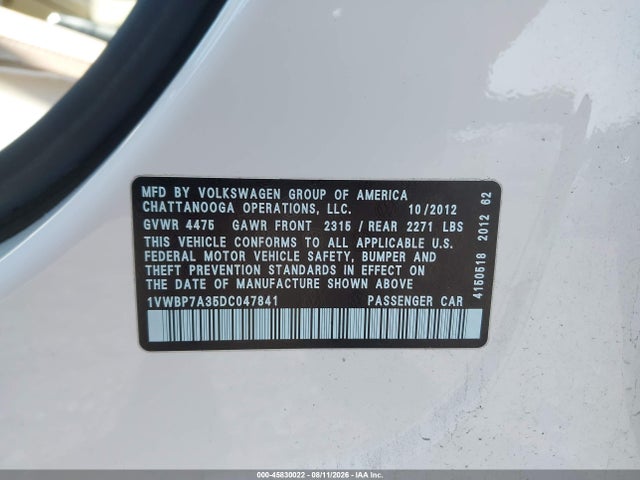 Aukcja sprzedaży 2013 Volkswagen Passat 2.5l Se, vin: 1VWBP7A35DC047841, numer aukcji: 45830022
