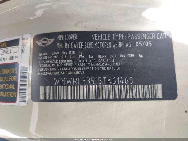 2005 Mini Cooper მანქანა იყიდება აუქციონზე, vin: WMWRC33515TK61468, აუქციონის ნომერი: 45830041