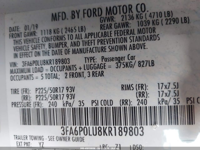 45830056 :رقم المزاد ، 3FA6P0LU8KR189803 vin ، 2019 Ford Fusion Hybrid Se مزاد بيع