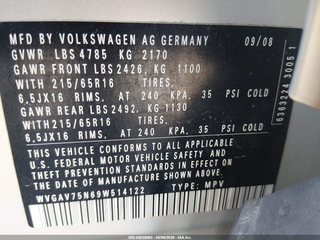 Продажа на аукционе авто 2009 Volkswagen Tiguan S/se/sel, vin: WVGAV75N69W514122, номер лота: 45830063
