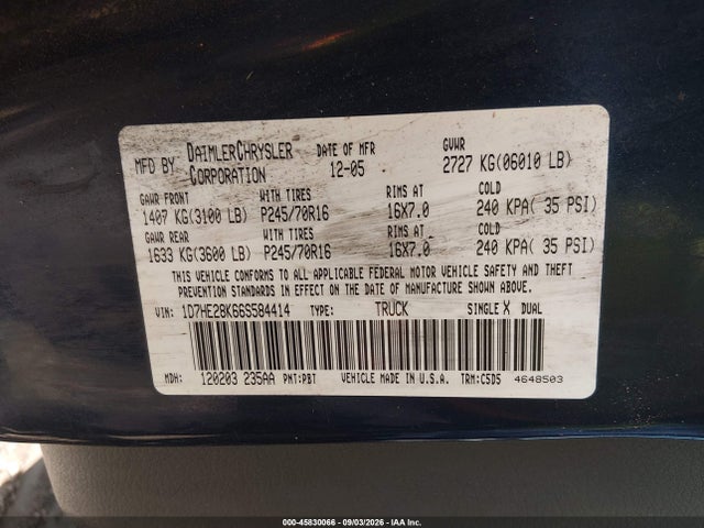 Aukcja sprzedaży 2006 Dodge Dakota St, vin: 1D7HE28K66S584414, numer aukcji: 45830066