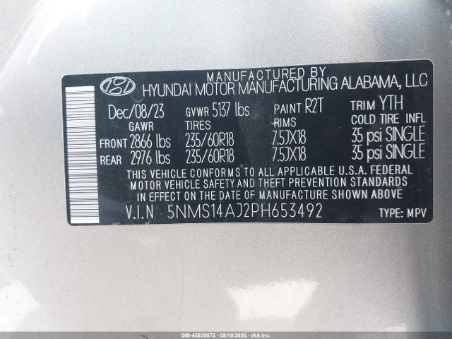 Aukcja sprzedaży 2023 Hyundai Santa Fe Se, vin: 5NMS14AJ2PH653492, numer aukcji: 45830075