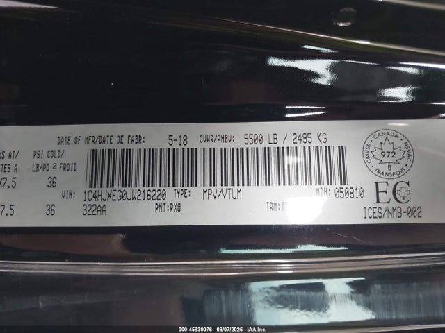 Продажа на аукционе авто 2018 Jeep Wrangler Unlimited Sahara, vin: 1C4HJXEG0JW216220, номер лота: 45830076