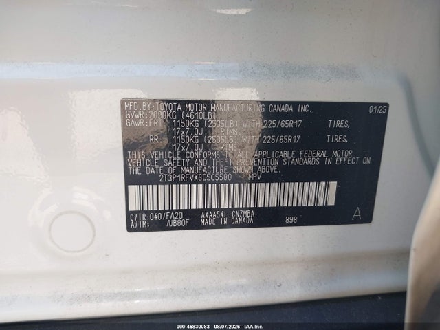 2025 Toyota Rav4 Xle მანქანა იყიდება აუქციონზე, vin: 2T3P1RFVXSC505580, აუქციონის ნომერი: 45830083